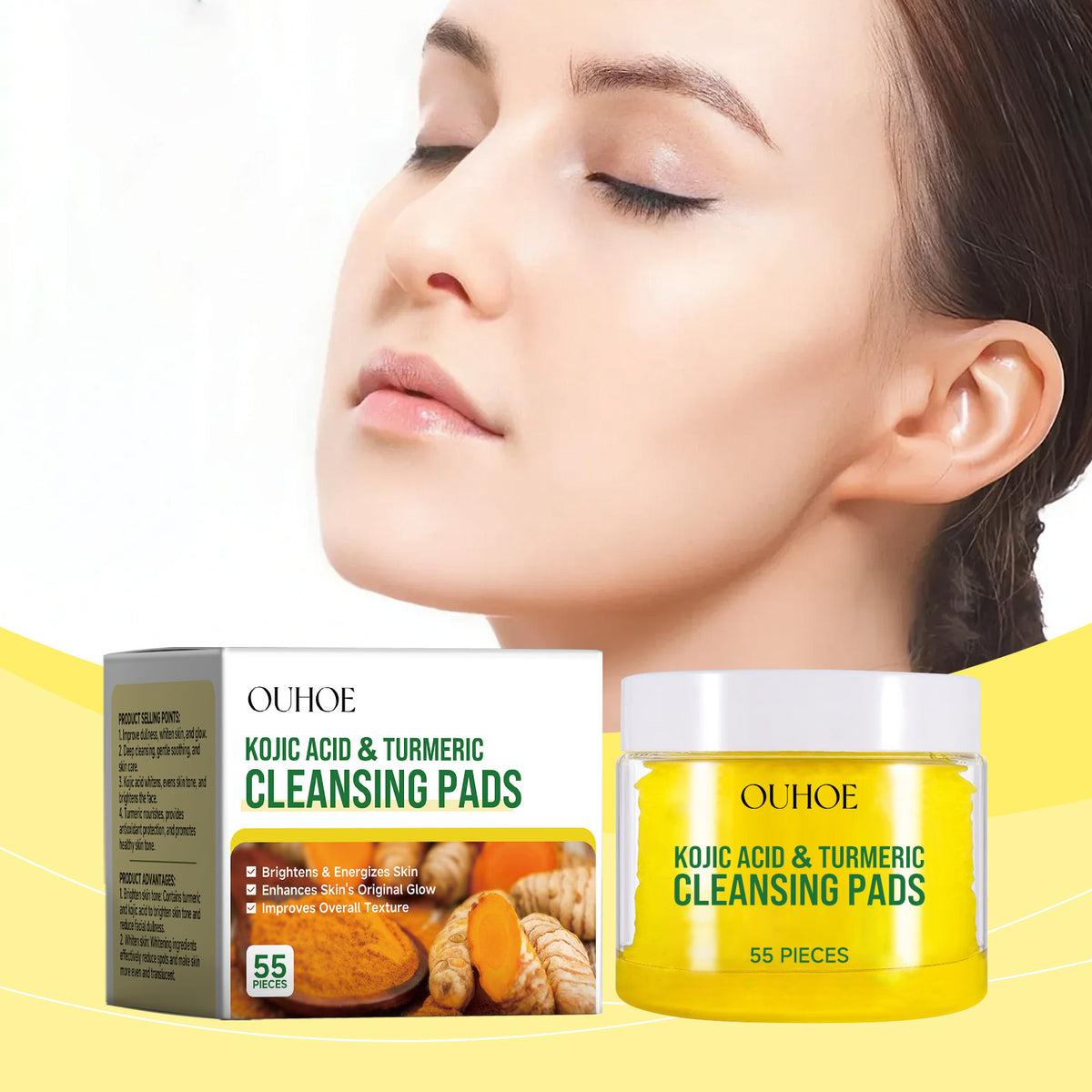 OUHOE Kojic Acid & Turmeric Cleansing Pads jar and box with woman's face above.