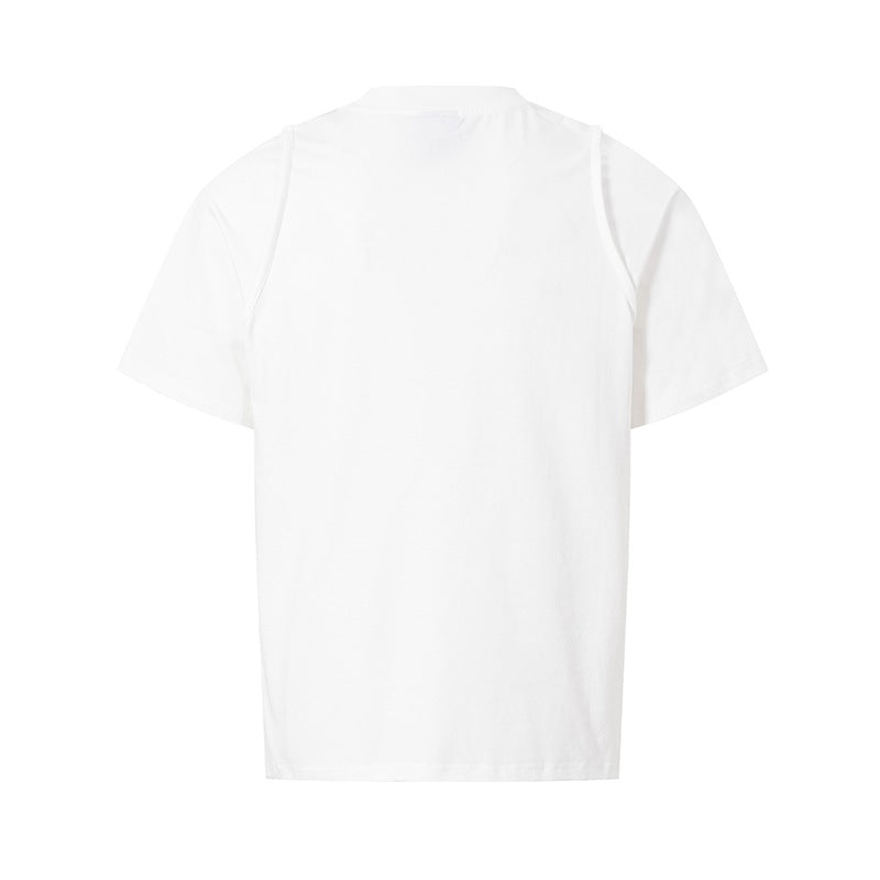 Eprolo deconstructing fake two short sleeves shirt with layered design and unique style, displayed on a white background.