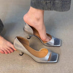 Sexy Toe-Opening Ankle Strap Sandals for Women French Retro Side Hollow Genuine Leather Square Toe High Heels to Match Dresses