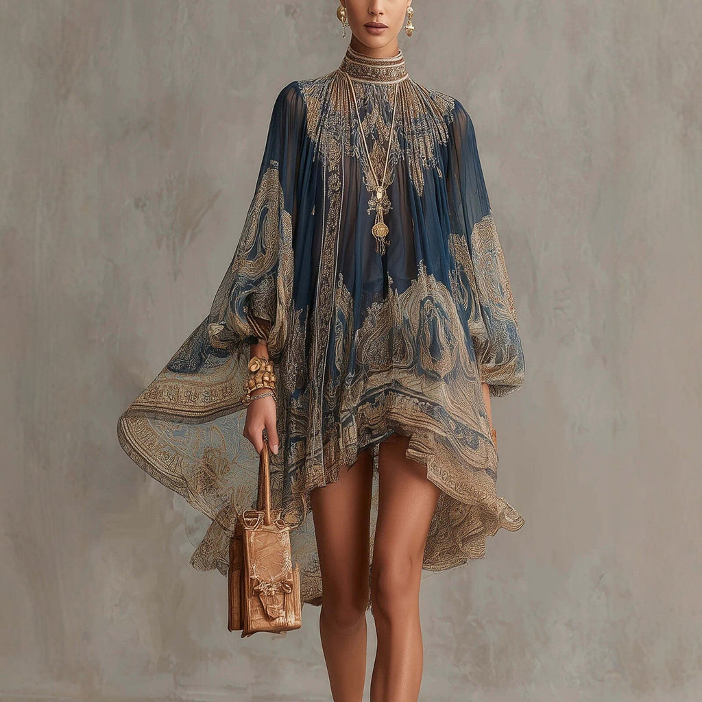 Navy blue printed puff sleeve dress with stand collar, loose fit, asymmetric hem, for women by FitiqueFit