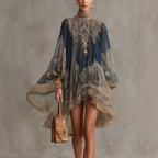 Navy blue printed puff sleeve dress with stand collar, loose fit, asymmetric hem, for women by FitiqueFit