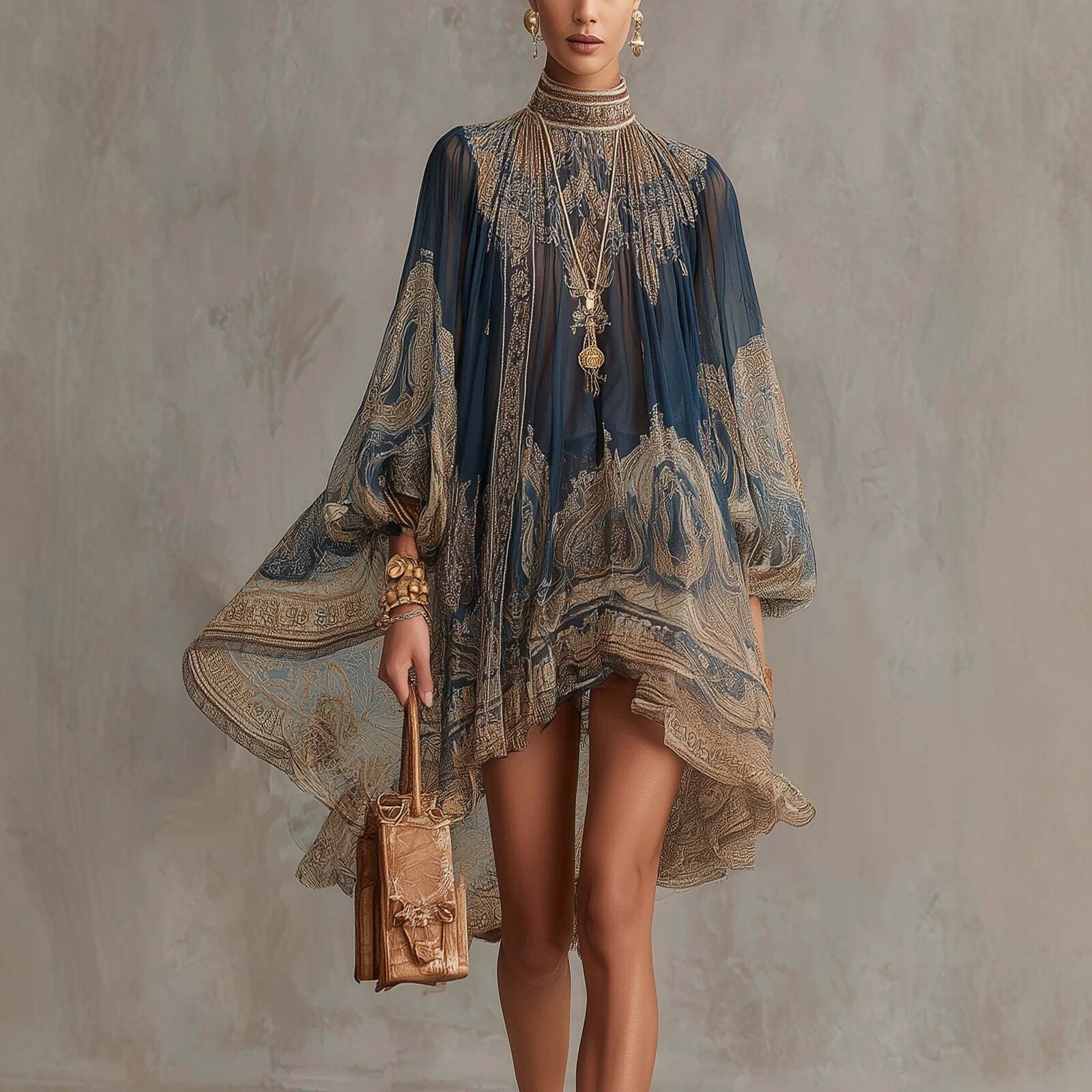 Navy blue printed puff sleeve dress with stand collar, loose fit, asymmetric hem, for women by FitiqueFit