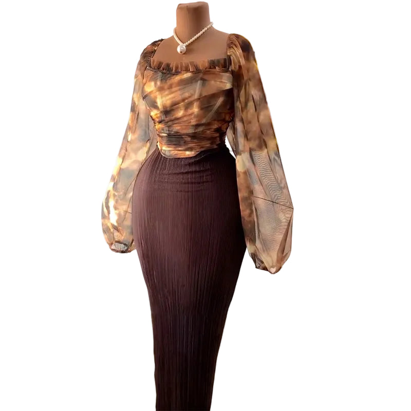Square collar lantern sleeve top and high-waisted skirt set by Plush Fashion Hub, featuring a stylish, coordinated outfit.
