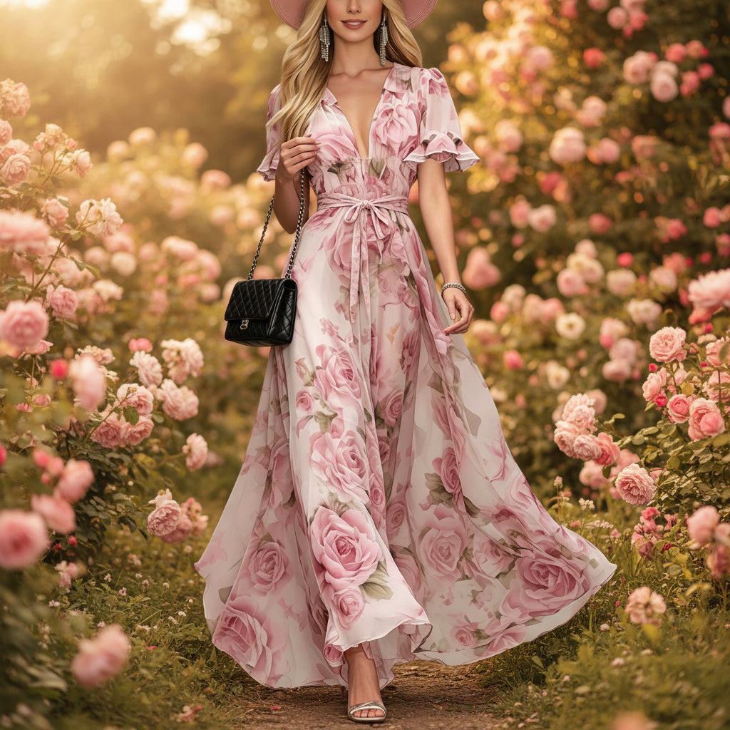 Women's deep V-neck ruffle sleeve printed maxi dress by FitiqueFit featuring high waist and flowy fabric.