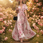 Women's deep V-neck ruffle sleeve printed maxi dress by FitiqueFit featuring high waist and flowy fabric.
