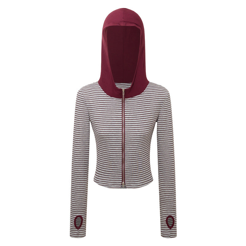 Maroon and gray striped knit zip-up hoodie with long sleeves and thumbholes.