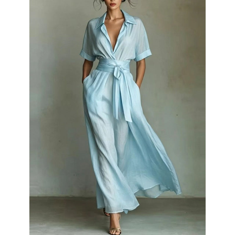 Women's solid color waist-slimming maxi dress with flip collar by FitiqueFit, featuring a sleek, figure-enhancing silhouette.
