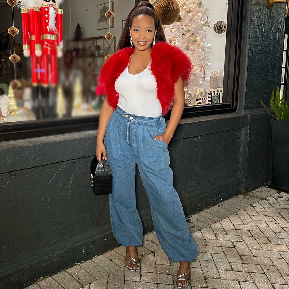 Casual loose fit women's denim jeans with zipper cuff and elastic waistband by Plush Fashion Hub, shown on a model.