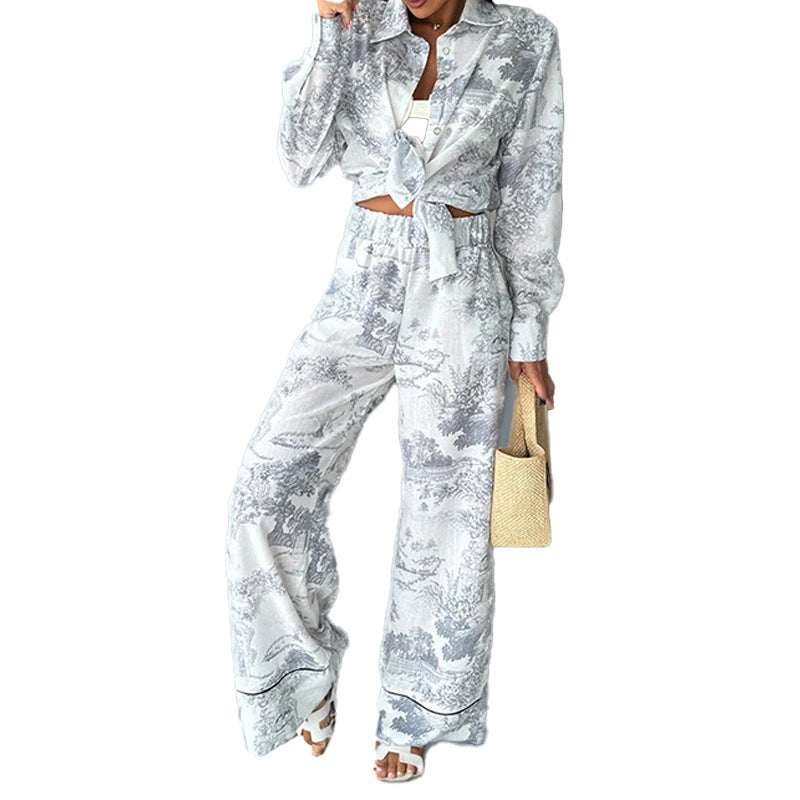 Printed tie-up shirt and pants set from Plush Fashion Hub, featuring a stylish tops and bottoms ensemble with bold patterns.