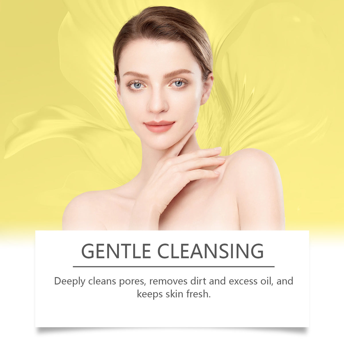 A woman with clear skin, light brown hair, and bare shoulders against a yellow background. Text reads "GENTLE CLEANSING."