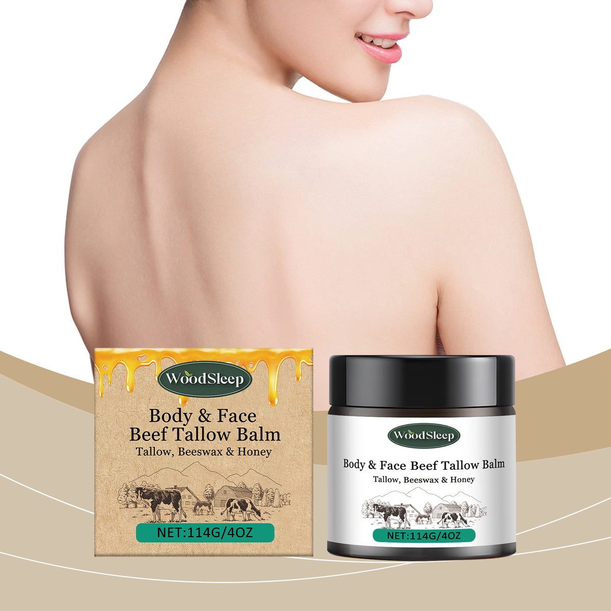WoodSleep Beef Tallow Balm jar and box with white, green, and tan labels featuring cows and honey drip details.