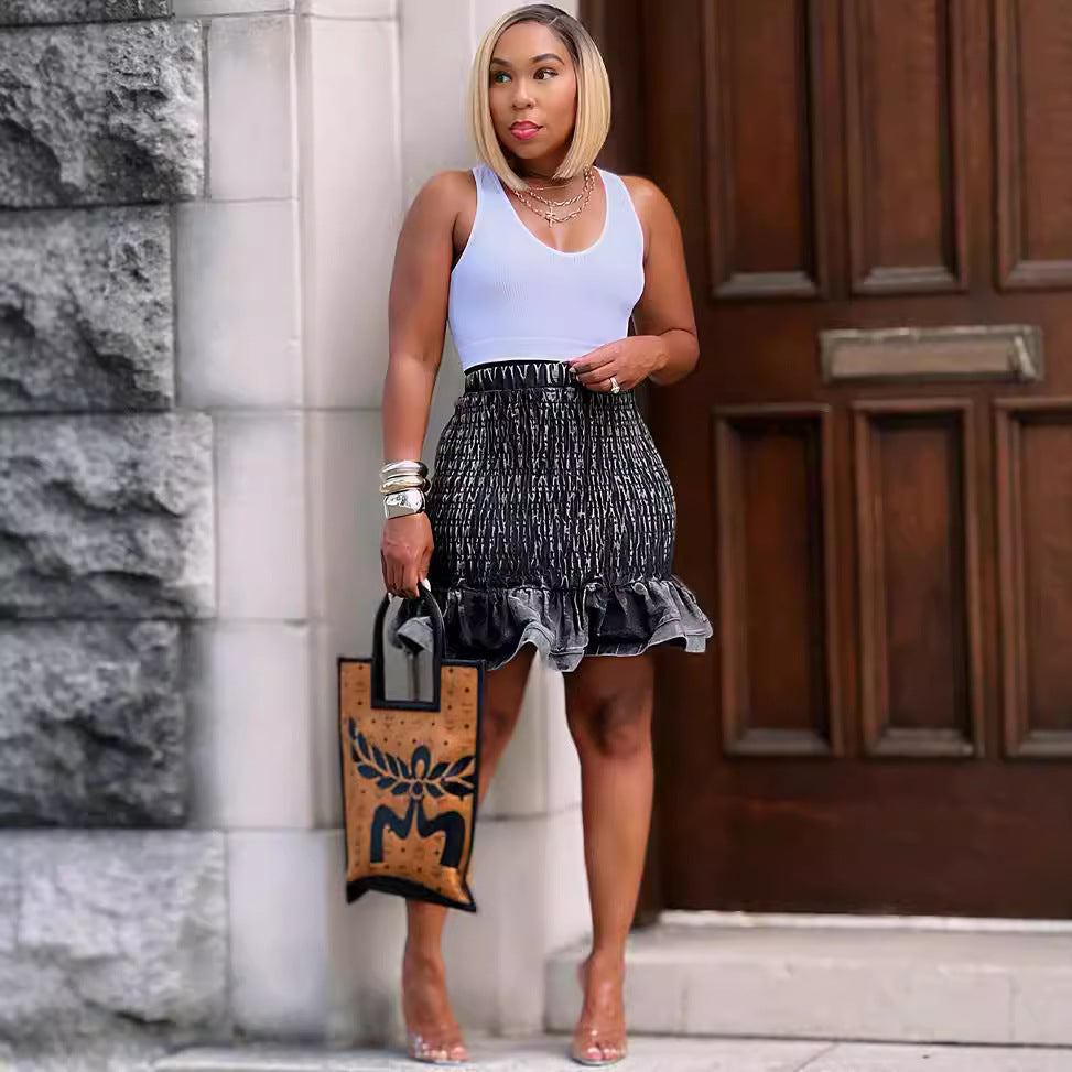 Women's high-waisted pleated denim mini skirt with twisted ruffle design, street fashion style by eprolo.