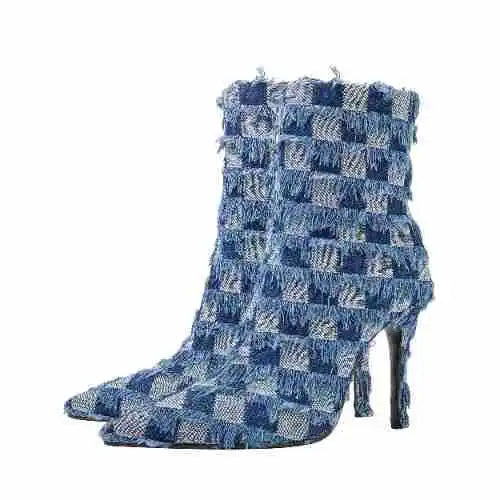Blue denim ankle boots featuring a checkered pattern, high stiletto heels, and frayed edges.