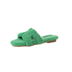 Rainbow lamb fur suede slide sandals by eprolo featuring colorful fur accents and soft suede straps on a casual sandal design.