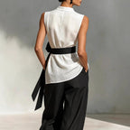 White women's lace-up sleeveless top and wide-leg pants two-piece casualwear set from Plush Fashion Hub, shown on a model.