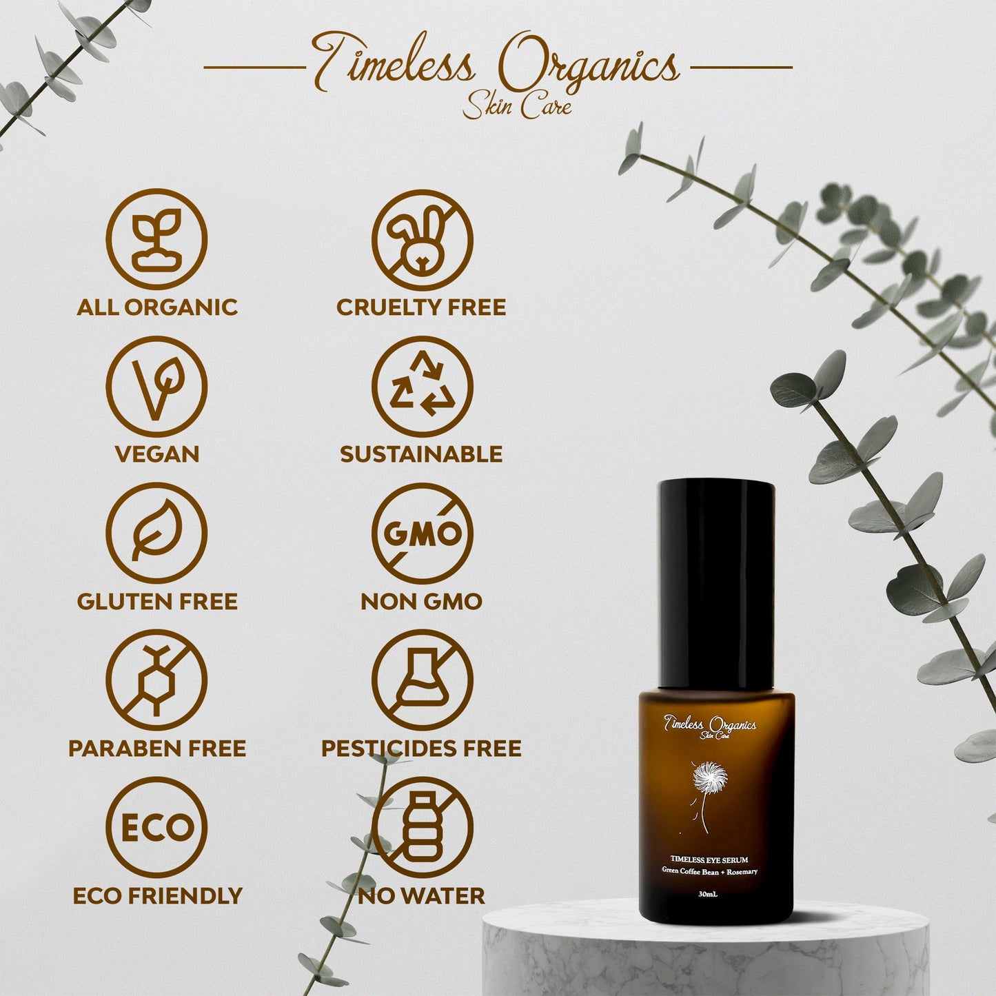 Plush Fashion Hub Timeless Eye Serum in a sleek bottle, designed to reduce puffiness and dark circles around the eyes.