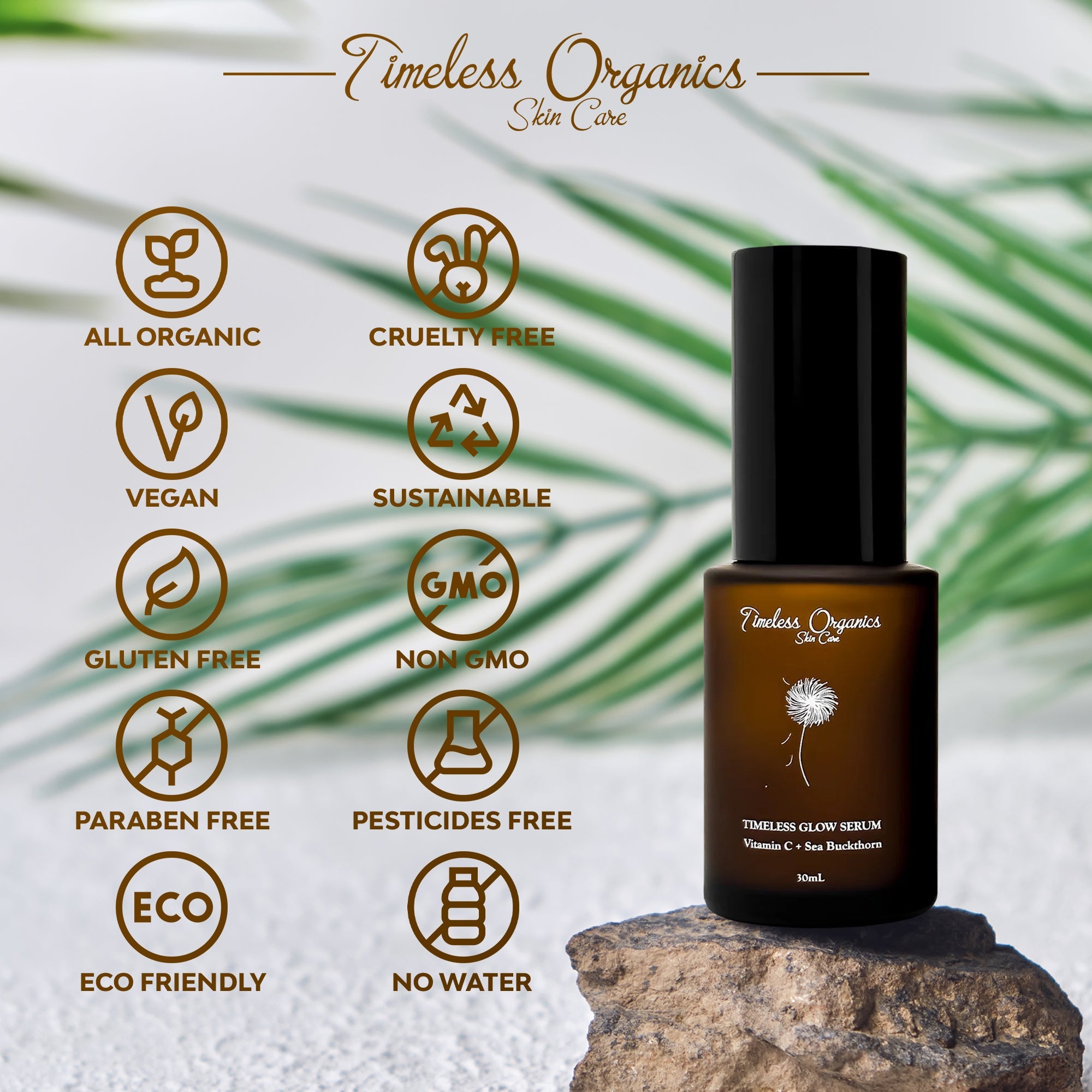 Timeless Glow Serum by Timeless Organics Skin Care showing a clear glass bottle with a dropper and serum inside.
