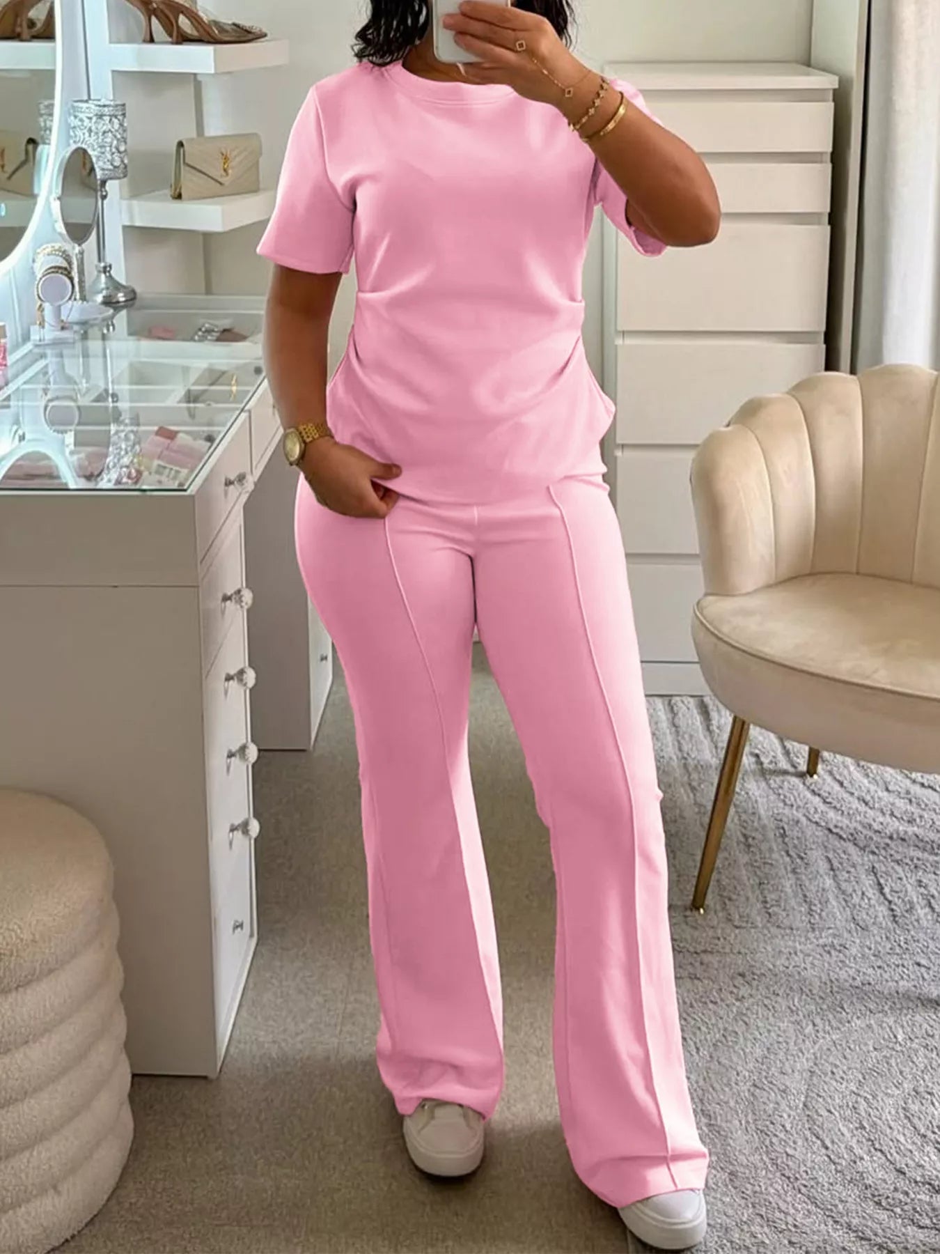 Plush Fashion Hub plush loungewear set with round neck short sleeve top and matching pants, soft and comfortable for relaxing wear.
