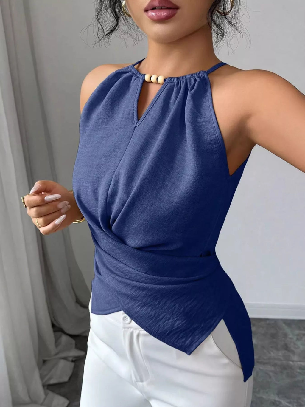 Plush Fashion Hub halter neck crisscross cami tank top in black with stylish straps and fitted design.
