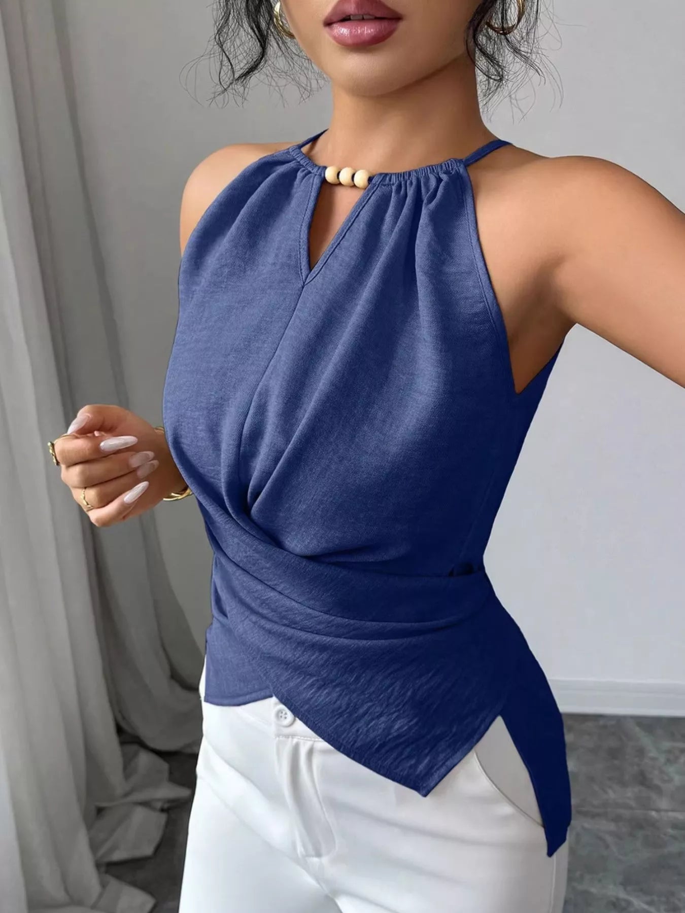 Plush Fashion Hub halter neck crisscross cami tank top in black with stylish straps and fitted design.