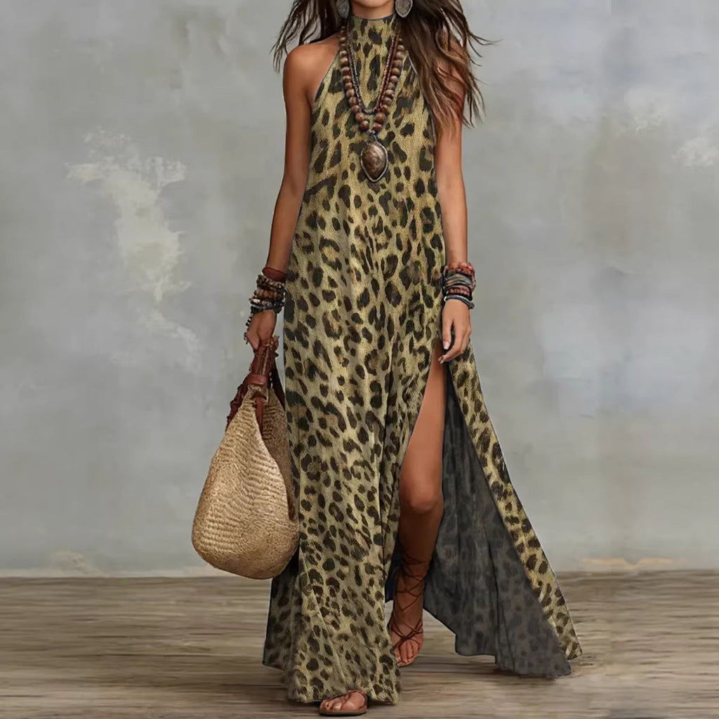 Women's printed boho maxi dress by FitiqueFit, sleeveless with split design and loose fit, perfect for casual summer wear.