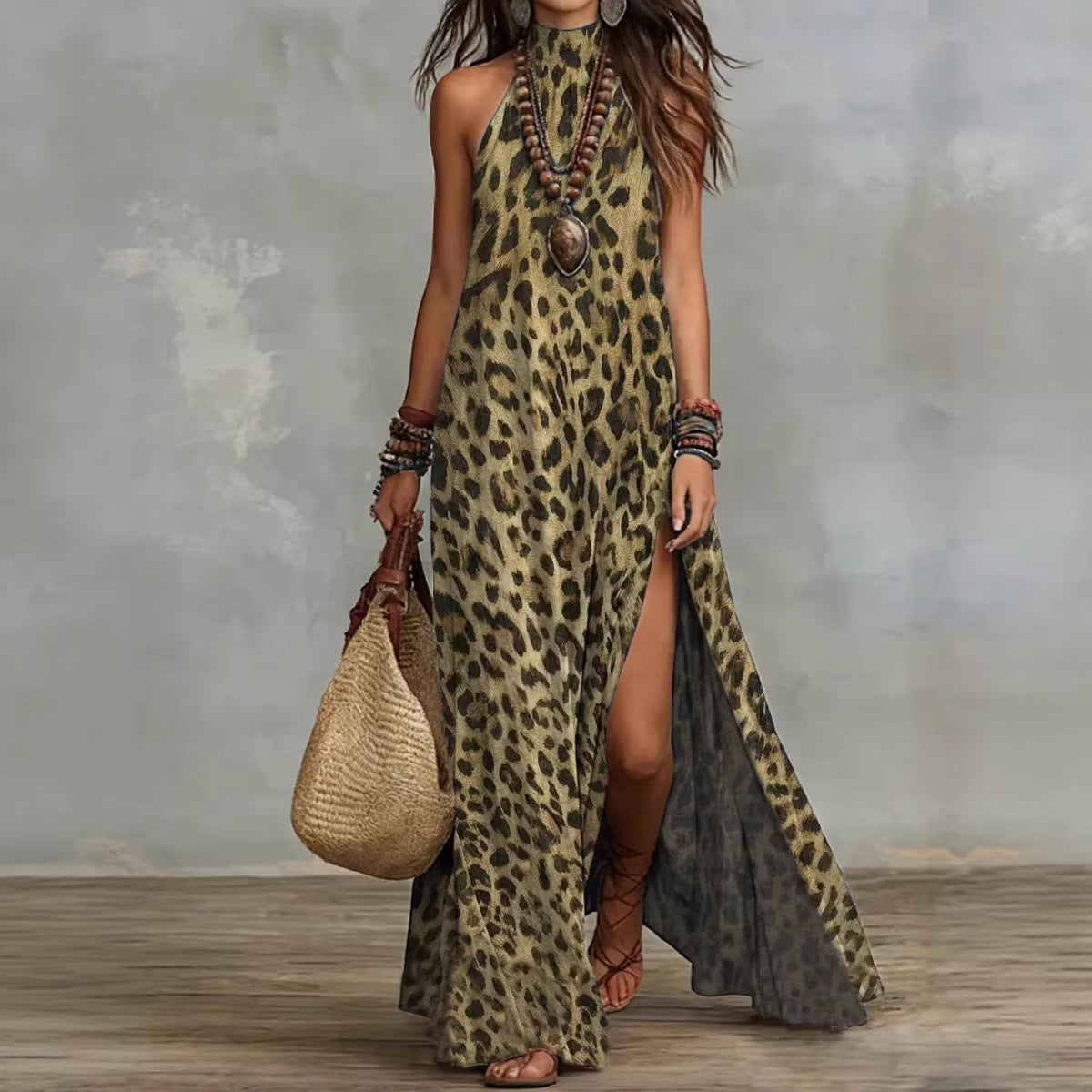 Women's printed boho maxi dress by FitiqueFit, sleeveless with split design and loose fit, perfect for casual summer wear.