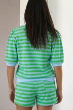Stripe Colorblock Detail Puff Sleeve Top Drawstring Shorts 2pcs Outfit