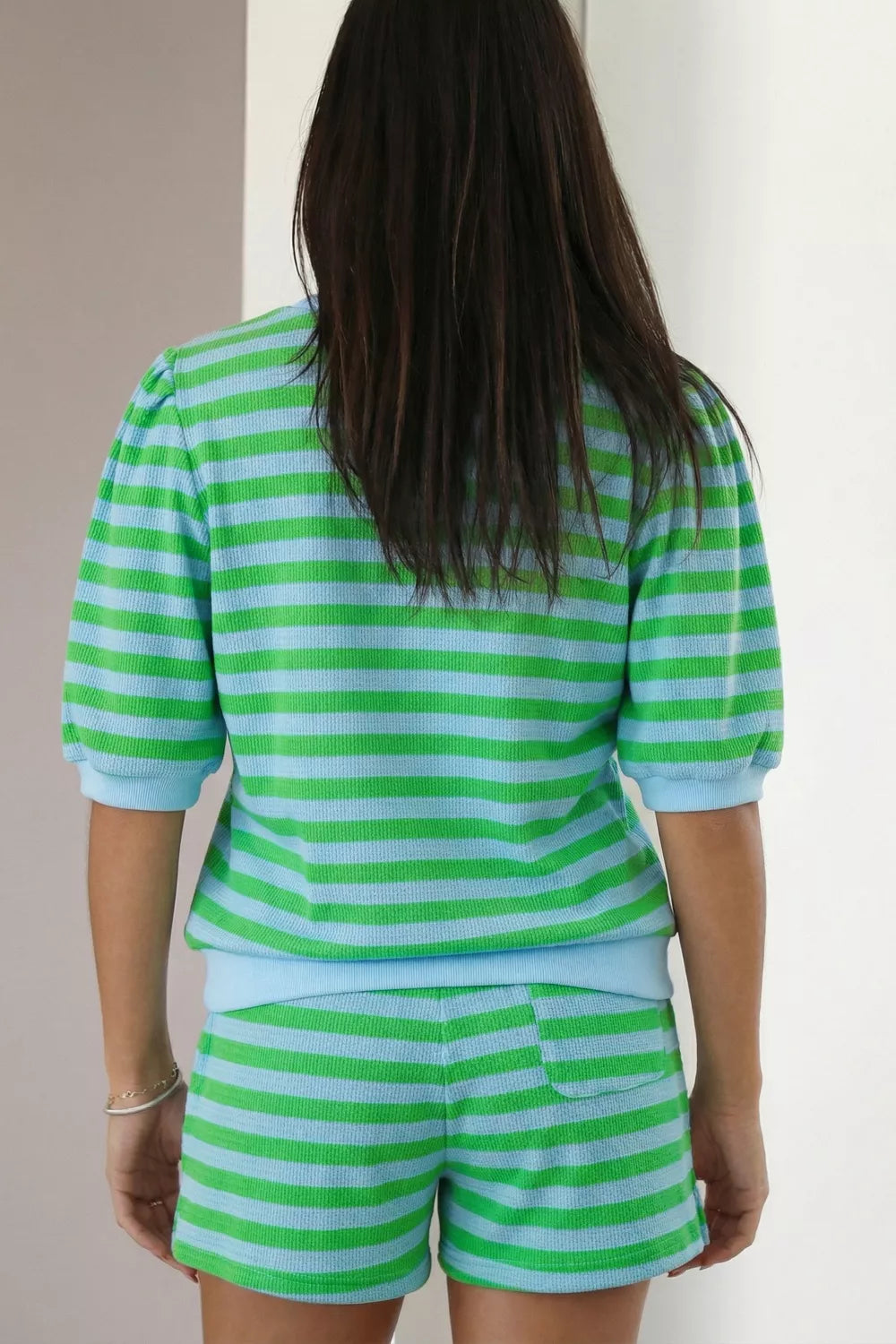 Stripe colorblock puff sleeve top and drawstring shorts set by Plush Fashion Hub, featuring vibrant stripes and comfortable fit.