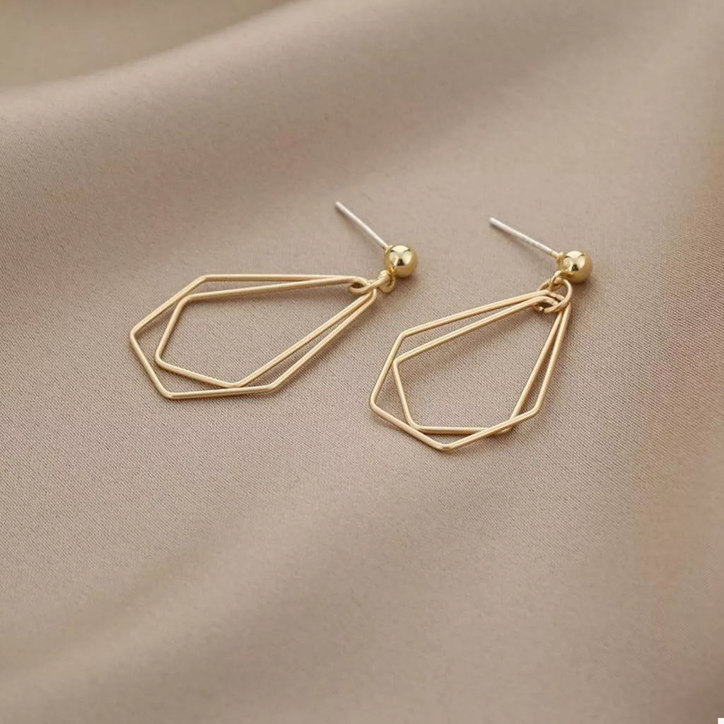 Gold-plated alloy geometric wire drop earrings with modern design, featuring sleek lines and minimalist style.