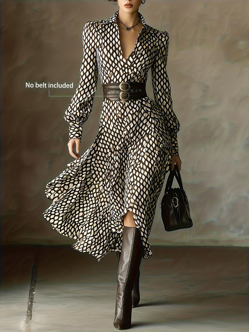 Elegant floral print long sleeve ruffled midi dress by Trendsi, perfect for fall, with a flowing silhouette and stylish details.