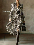 Elegant floral print long sleeve ruffled midi dress by Trendsi, perfect for fall, with a flowing silhouette and stylish details.
