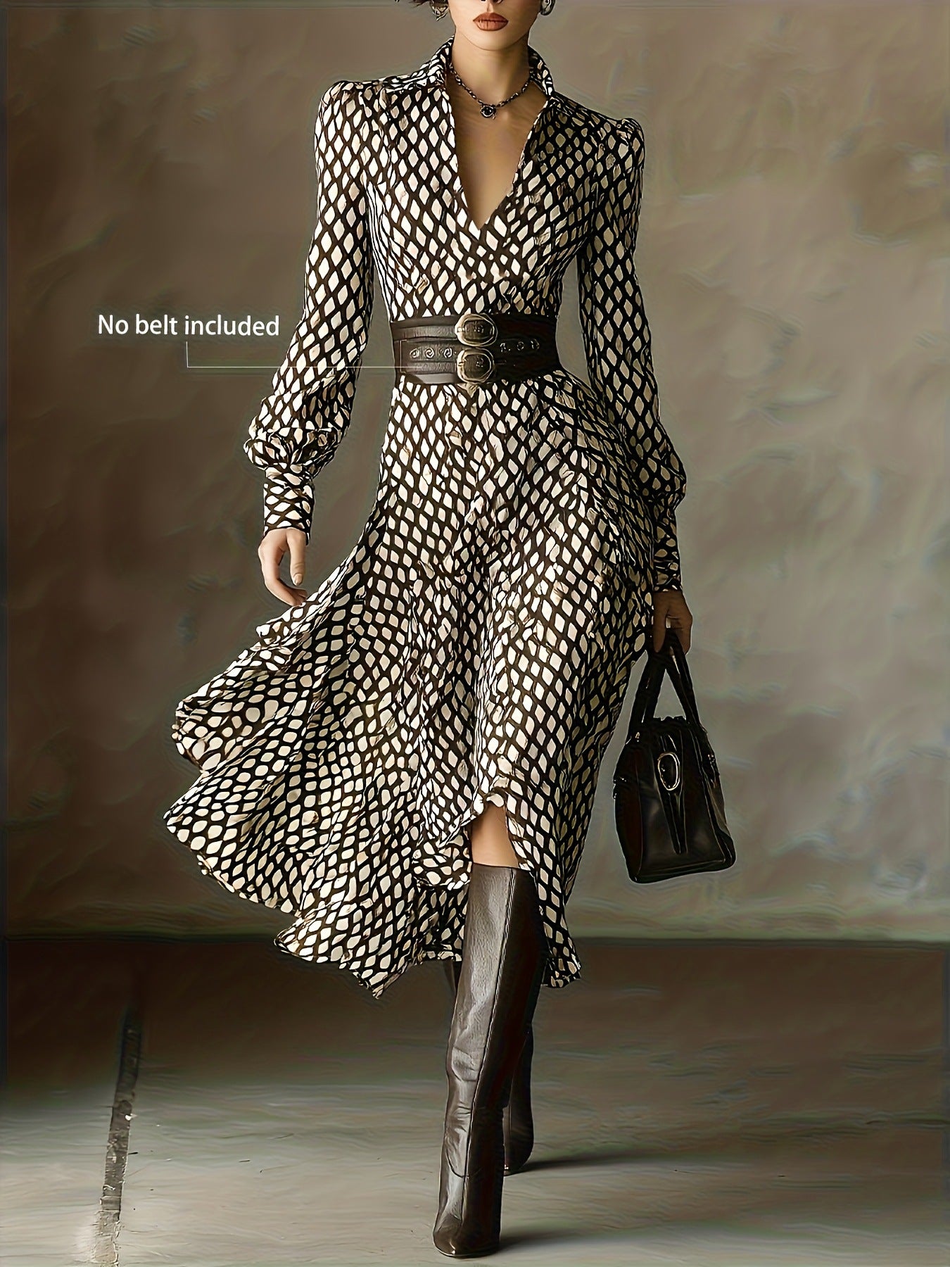Elegant floral print long sleeve ruffled midi dress by Trendsi, perfect for fall, with a flowing silhouette and stylish details.