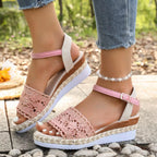 Women's crochet espadrille platform sandals with mid-heel, stylish summer shoes by Trendsi, featuring woven upper and cork sole.