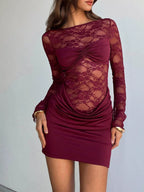Lace sheer long sleeve ruched dress with cutout back from Shopimist, showcasing elegant design and fitted silhouette.