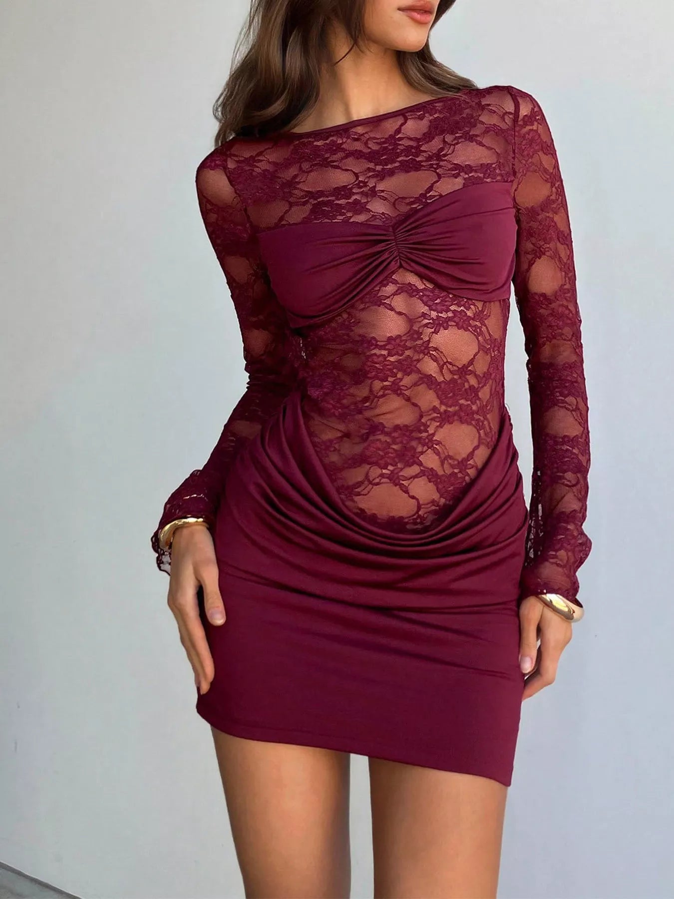 Lace sheer long sleeve ruched dress with cutout back from Shopimist, showcasing elegant design and fitted silhouette.
