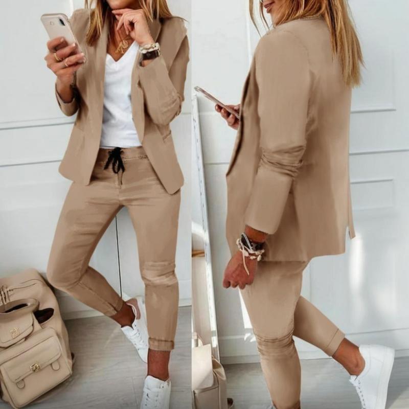 Women’s casual blazer and drawstring pants suit set by FitiqueFit, featuring a notch-lapel blazer and matching relaxed pants.
