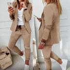 Women’s casual blazer and drawstring pants suit set by FitiqueFit, featuring a notch-lapel blazer and matching relaxed pants.