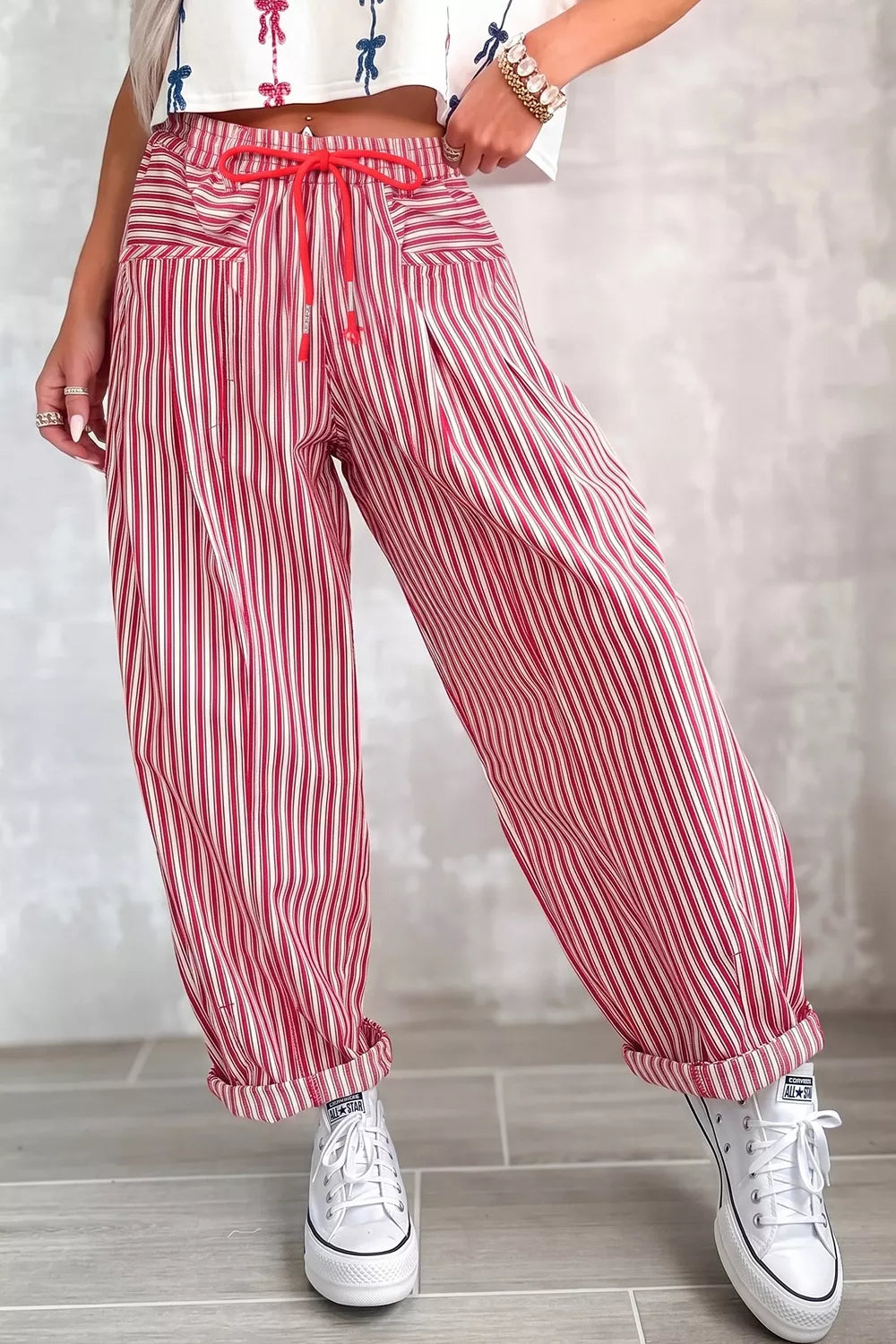 Light gray stripe drawstring casual loose pants from Trendsi, featuring a relaxed fit and comfortable waistband.