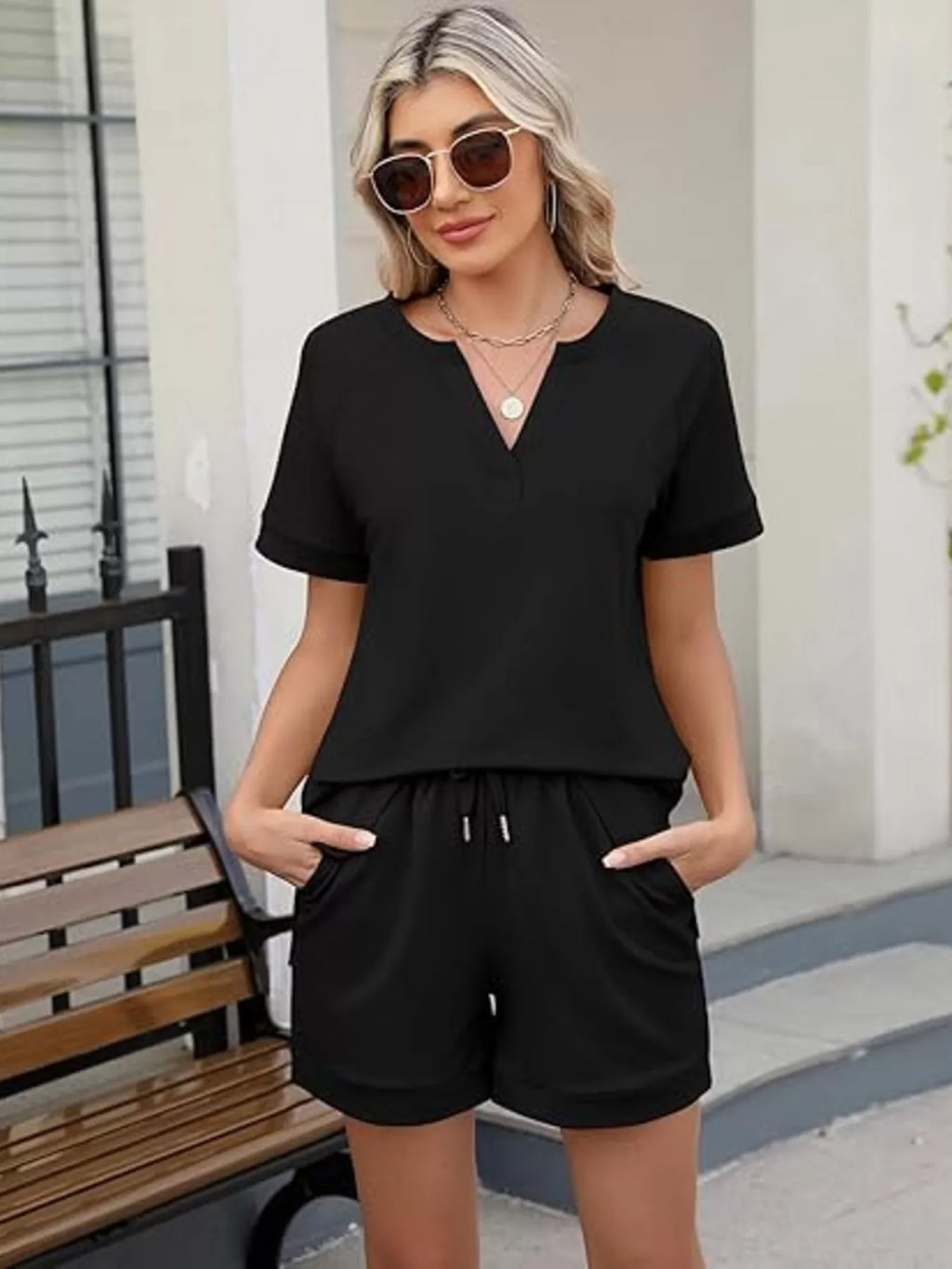 Trendsi solid color short sleeve top and shorts two-piece set, casual summer outfit, lightweight fabric, comfortable fit.