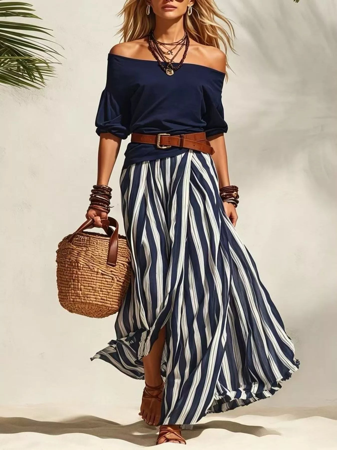 Off-shoulder top and striped maxi skirt set by Plush Fashion Hub, featuring a stylish, coordinated summer outfit on a model.