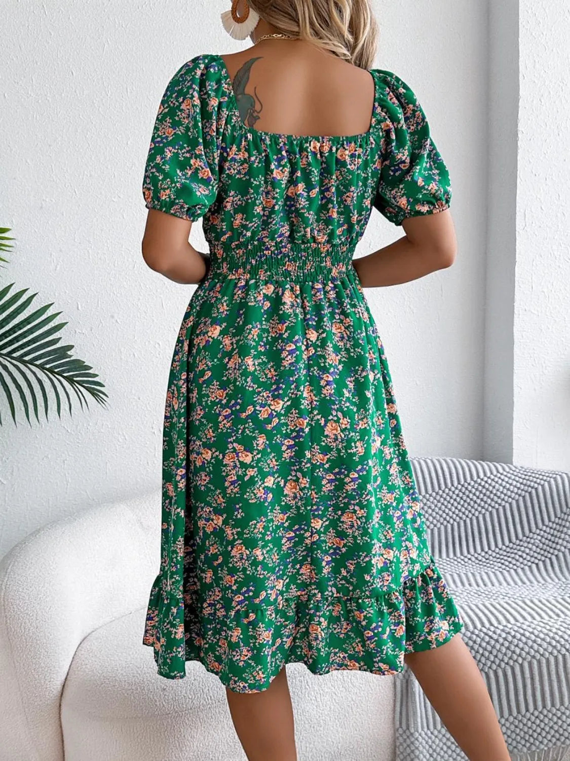 Floral puff sleeve dress with ruffled hem by Shopimist, featuring a feminine design and lightweight fabric.