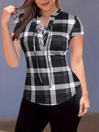 Plaid lace-up short sleeve blouse by Shopimist featuring a stylish design, perfect for casual or office wear.