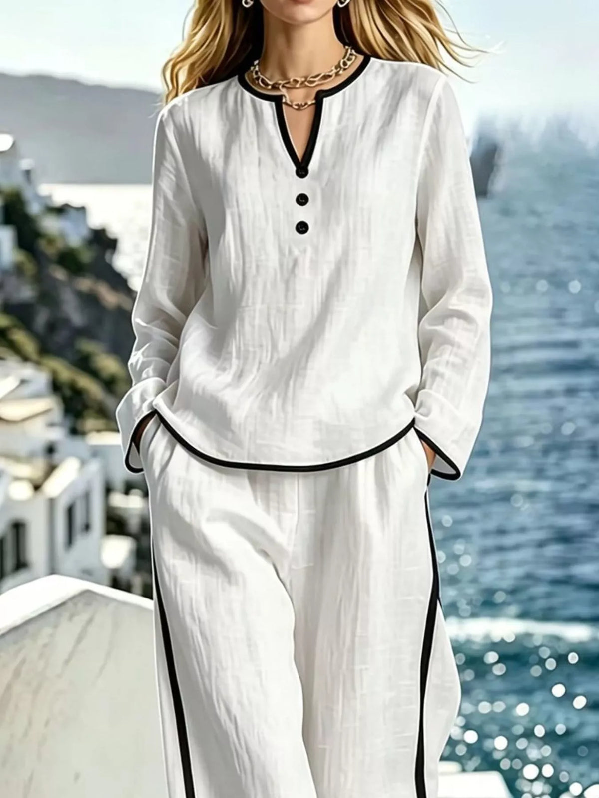 Contrast trim long sleeve top and pants set by Trendsi, featuring a coordinated casual outfit with stylish detailing.