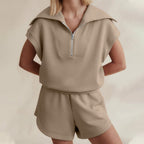 FitiqueFit half-zip lapel sweatshirt and matching shorts two-piece set in multiple colors, casual athletic wear for women.