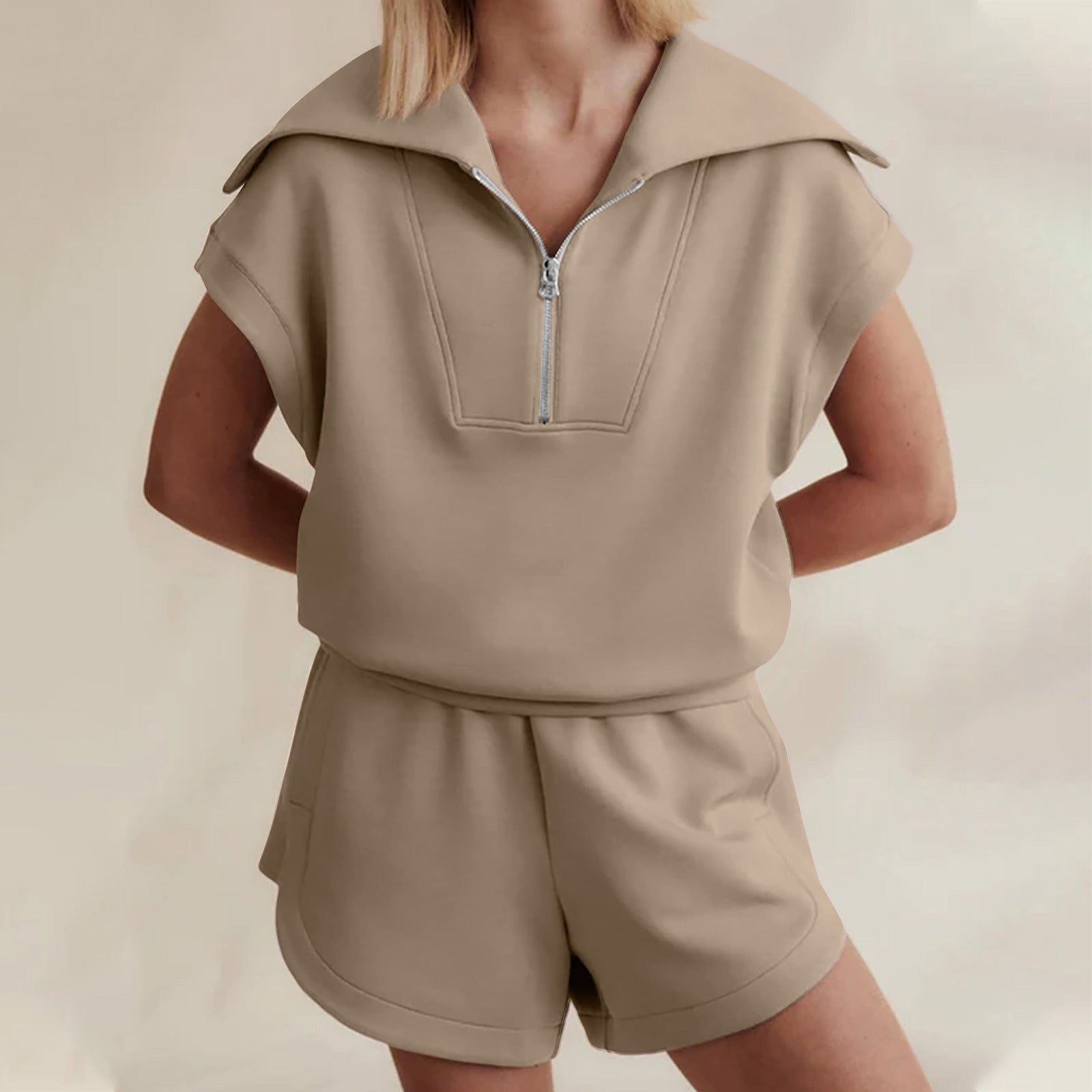 FitiqueFit half-zip lapel sweatshirt and matching shorts two-piece set in multiple colors, casual athletic wear for women.
