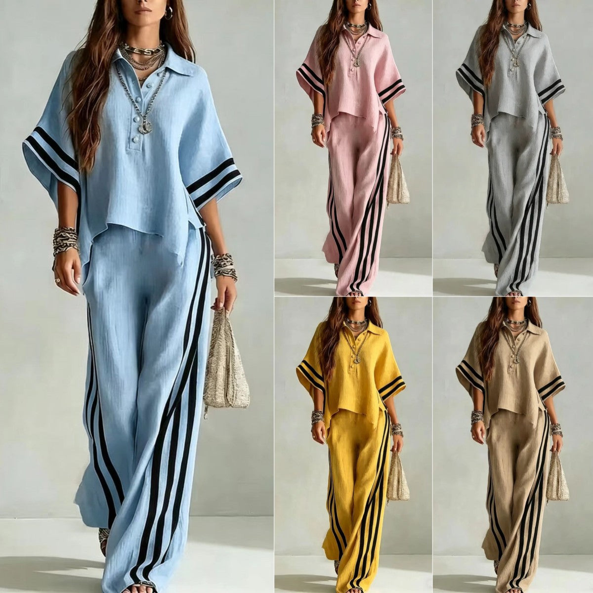 Women's short-sleeve shirt and loose pants two-piece set by Plush Fashion Hub, featuring a relaxed fit and casual style.
