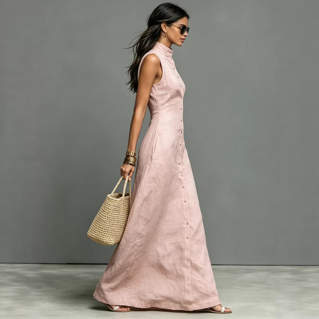 Women's sleeveless midi dress with stand collar and single-breasted design, casualwear from FitiqueFit, shown on a model.