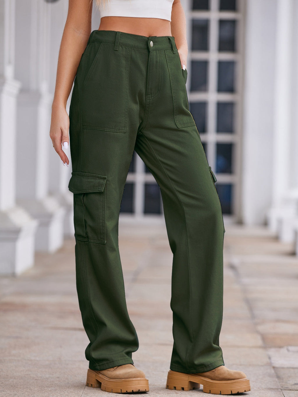 VYSN straight denim cargo pants featuring multiple pockets, classic blue denim, and a relaxed fit for casual style.