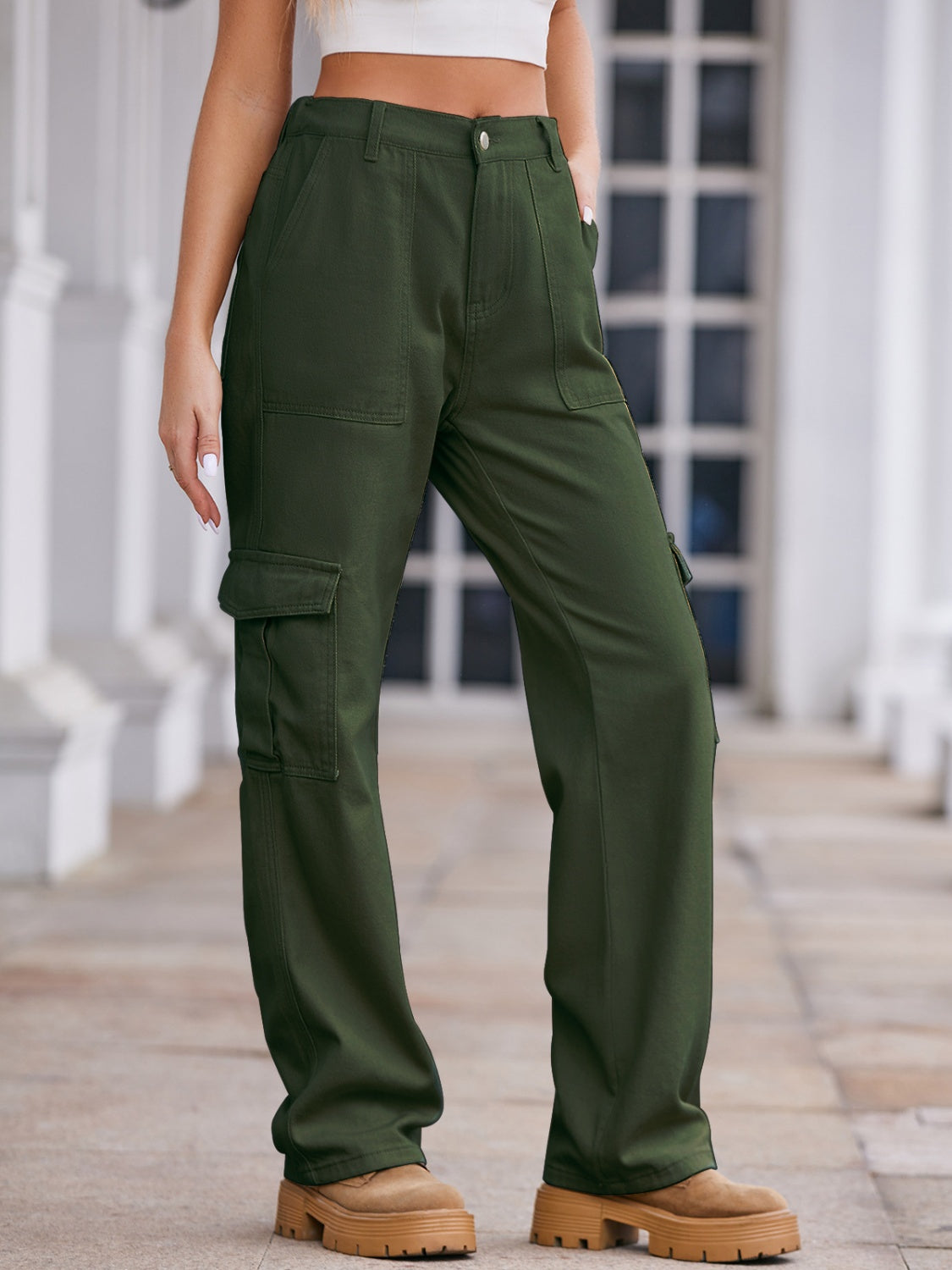 VYSN straight denim cargo pants featuring multiple pockets, classic blue denim, and a relaxed fit for casual style.