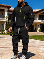 Men's full size half zip hoodie and cargo pants set by Shopimist, plus size, shown in a casual, comfortable outfit.
